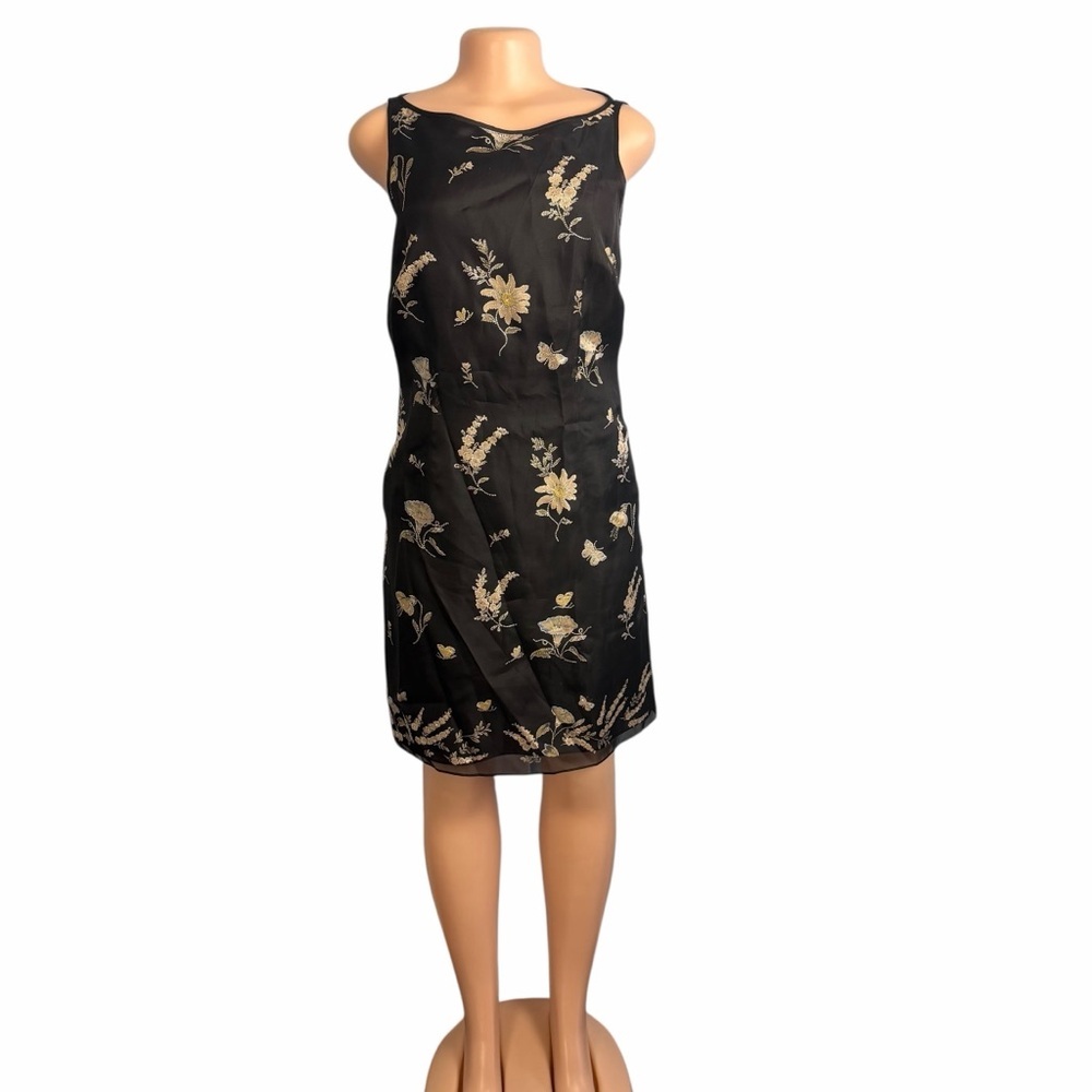 Ann Taylor Floral Embroidered Black Silk Shift Dress - Picture 2 of 12